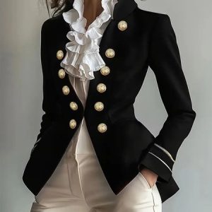 Urban Buttoned Plain Stand Collar Blazer, Blazers, color:Black|size:XXL, Stylewe