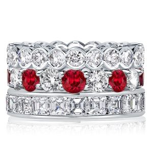 stackable ring sets - Italo Round & Asscher Cut White & Garnet Stackable Band Set, Italo jewelry - Online Catalog