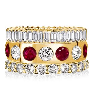 stackable ring sets - Italo Round & Baguette White & Ruby Eternity Stackable Band Set, Italo jewelry - Online Catalog