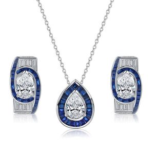 jewelry sets - Italo Art Deco Pear Cut Blue Sapphire Necklace & Earrings Jewelry Set, Italo jewelry - Online Catalog