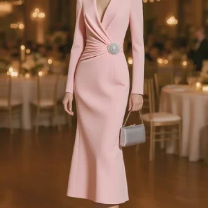Elegant Plain Ruched V Neck Midi Dress With Brooch, Midi Dresses, color:Pink|size:XXL, Stylewe
