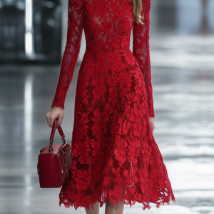 Elegant Plain Stand Collar Midi Dress, Midi Dresses, color:Red|size:XXL, Stylewe