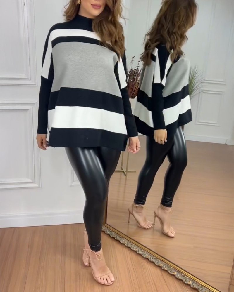 Striped High Neck Long Sleeve Causal Sweater, women Sweaters & Cardigans, ChicMe catalog - Image 2