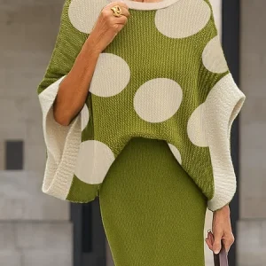 Casual Polka Dots Crew Neck Sweater, Pullovers, color:Green|size:XXL, Stylewe