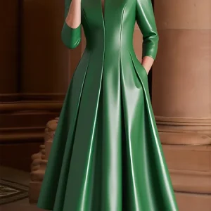 Elegant Plain PU Notched Midi Dress, Midi Dresses, color:Green|size:XXL, Stylewe