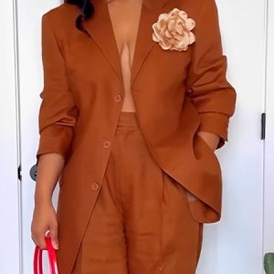 Urban Shoulder Pad Plain Lapel Collar Blazer With Flower Brooch, Blazers, color:Caramel|size:XXL, Stylewe