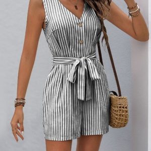 Women Geometric V Neck Sleeveless Vintage Summer Jumpsuit, JustFashionNow Jumpsuits＆Rompers, color:Deep Gray|size:XL,