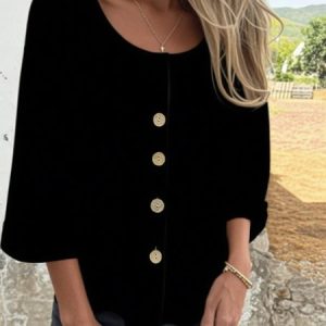 Crew Neck Three Quarter Sleeve Plain Split Joint Regular Micro-Elasticity Loose Shirt For Women, Blouses, color:Black|size:5XL, catalog Noracora shop