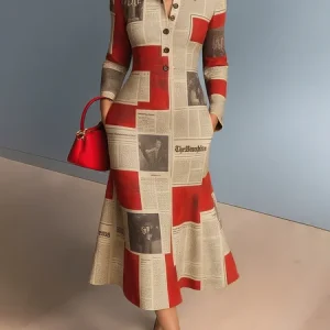 Casual Letter Pattern Printing Polo Collar Midi Dress, Midi Dresses, color:Red|size:XXL, Stylewe