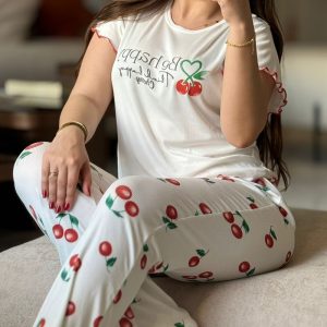 2 Pieces Outfit Letter & cherry Print Short Sleeve Frill Trim Top and Elastic Waist Pants Set Casual Ribbed Pajamas Set, women Pajamas Sets, ChicMe catalog