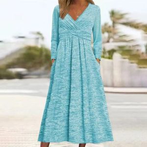 Women Plain Spring/Fall Dress V Neck Long Sleeve A-Line Dress, Dresses, color:Sky Blue|size:5XL, catalog Noracora shop