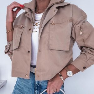 Ribbed Turn-down Collar Cargo Pockets Snap Button Front Crop Jacket Casual Zip Up Windproof Coat, women Jackets & Coats, ChicMe catalog