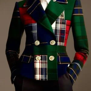 Urban Plaid Color Block Lapel Blazer, Blazers, color:As Picture|size:XXL, Stylewe