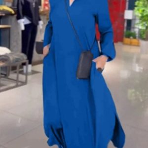 Women Plain Long Sleeve Spring/Fall Split Joint Dress V Neck Daily Vintage Maxi Shirt Dress A-Line Dress, JustFashionNow Dresses, color:Blue|size:5XL,
