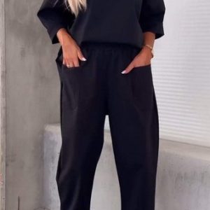 Women Plain Split Joint Two-Piece Set Daily Long Sleeve Casual Spring/Fall Top With Pants Matching Set, Sets, color:Black|size:5XL, catalog Noracora shop