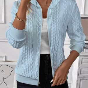 Women Spring/Fall Outerwear Vintage Jacquard Plain Long Sleeve Hoodie Jacket, JustFashionNow Jackets, color:Blue|size:XXL,