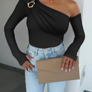 Metal Ring Decor Cold Shoulder Ruched Top Slim Fit Layering Top With Thumb Hole Cuffs, women T-shirt & Tees, ChicMe catalog