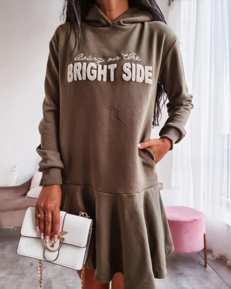 Letter Pattern Long Sleeve Ruffle Hem Dress Casual Pocket Design Hoodie Sweatshirt Dress, women Casual Dresses, ChicMe catalog - Image 2