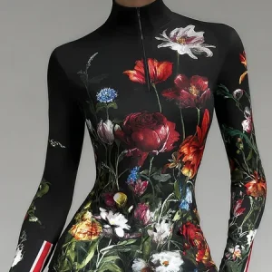 Jersey Urban Floral Zipper Turtleneck T-shirt, Tees, color:Black|size:XXL, Stylewe