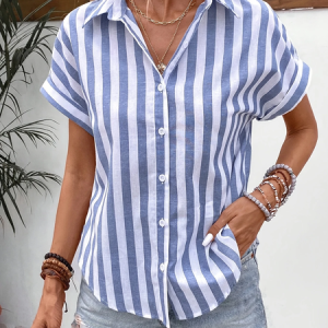 Women Striped Short Sleeve Shirt Summer Printing Shirt Collar Daily Casual Top, JustFashionNow Shirts, color:Blue|size:5XL,
