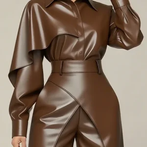 Urban Plain Irregular Craftsmanship Shirt Collar Faux Leather Top, Tops, color:Brown|size:XXL, Stylewe