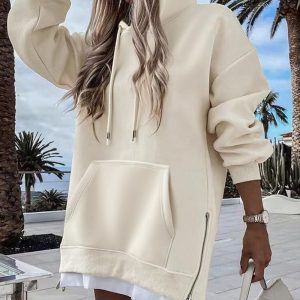 Long Sleeve Kangaroo Pocket Design Zipper Side Pullover Sweatshirt Casual Faux Two Piece Side Slit Longline Drawstring Hoodie Top, women Sweats & Hoodies, ChicMe catalog