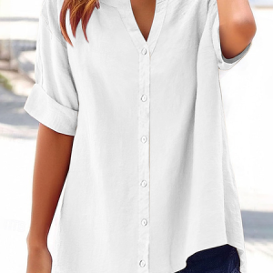 Women Plain Short Sleeve Shirt Summer Printing V Neck Daily Casual Top, JustFashionNow Shirts, color:White|size:4XL,