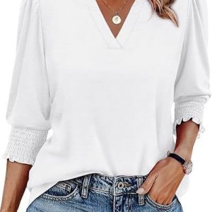 Casual Plain V Neck 3/4 Length Sleeve T-shirt, T-shirts, color:White|size:3XL, catalog Noracora shop