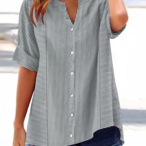 V Neck Short Sleeve Striped Regular Micro-Elasticity Regular Fit Shirt For Women, Shirts, color:Gray|size:4XL, catalog Noracora shop