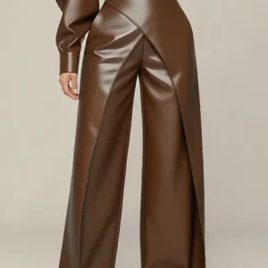 Urban Plain Cross  Faux Leather Wide Leg Pants, Pants, color:Brown|size:XXL, Stylewe