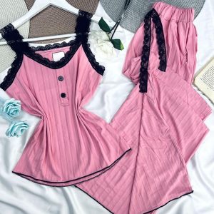 2 Pieces Outfit Button Decor V-Neck Lace Trim Sleeveless Cami Top and Drawstring Elastic Waist Pants Set Casual Ribbed Pajamas Set, women Pajamas Sets, ChicMe catalog