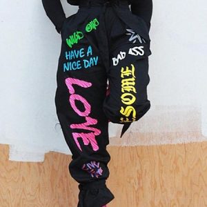 Casual Letter Pattern Printing Ankle Banded Pants, Pants, color:Black|size:XXL, Stylewe