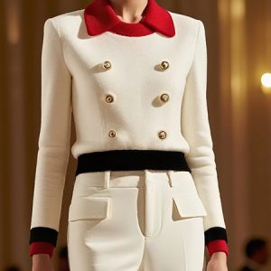 Elegant Color Block Buttoned Shawl Collar Regular Sleeve Blouse, Pullovers, color:White-Red|size:XXL, Stylewe