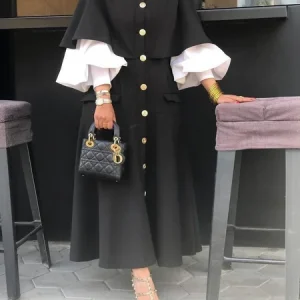 Elegant Plain Buttoned Mock Neck Maxi Dress, Maxi Dresses, color:Black|size:XXL, Stylewe