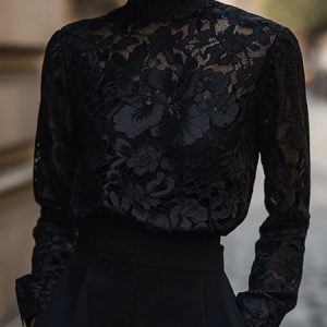 Lace Elegant Plain Lace Mock Neck Blouse, Blouses and Shirts, color:Black|size:XXL, Stylewe
