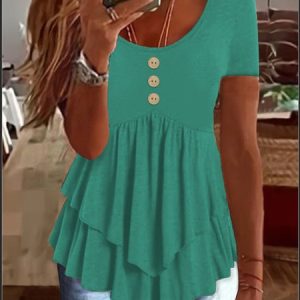 Casual Plain Crew Neck Short Sleeve T-shirt, T-shirts, color:Cyan|size:XXL, catalog Noracora shop