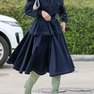 Urban Color Block Shirt Collar Midi Dress, Midi Dresses, color:Deep Blue|size:XXL, Stylewe