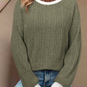 Casual Color Block Crew Neck Long Sleeve T-shirt, T-shirts, color:Army Green|size:XL, catalog Noracora shop