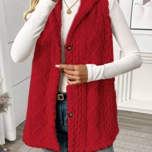 Women Cotton Plain Sleeveless Comfy Casual Cardigan, Sweaters, color:Red|size:XL, catalog Noracora shop