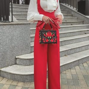 Elegant Plain U-Neck Overall Bib Pants, Jumpsuits, color:Red|size:XXL, Stylewe
