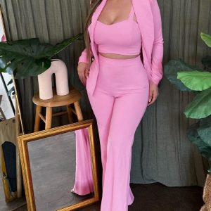 3PCS Shawl Collar Slim Fit Blazer with Spaghetti Strap Tank and High Waist Skinny Flared Pants Set, women Two-piece Sets, ChicMe catalog