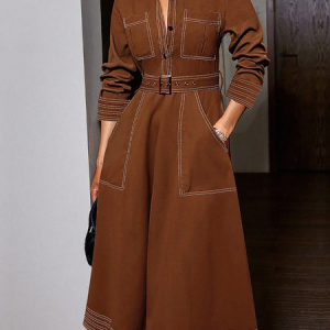 Urban Plain Shirt Collar Midi Dress With Belt, Midi Dresses, color:Brown|size:XXL, Stylewe
