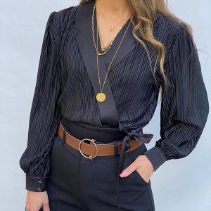 Overlap V-Neck Tied Detail Cinched Waist Blouse Casual Textured Satin Top, women Blouses & Shirts, ChicMe catalog