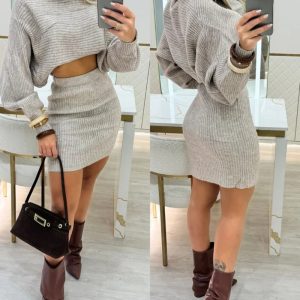 High Neck Batwing Sleeve Sweater and Casual Slim Fit Skirt Set, women Two-piece Sets, ChicMe catalog