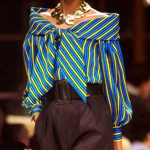 Elegant Striped Bow Off The Shoulder Blouse, Blouses and Shirts, color:Blue|size:XXL, Stylewe