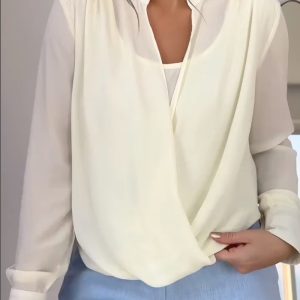 Stand Collar Overlap Draped Front Slit Hem Blouse Casual Faux Two-Piece Chiffon Top, women Blouses & Shirts, ChicMe catalog