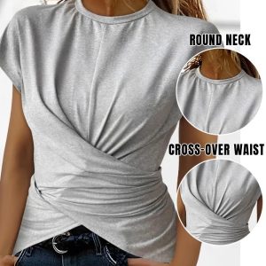 O-neck Short Sleeve Criss Cross Front Button Back Tee Casual Ruched Asymmetrical Hem Top, women T-shirt & Tees, ChicMe catalog