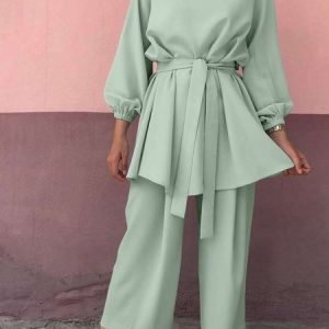 Women Plain Split Joint Two-Piece Set Daily Long Sleeve Casual Spring/Fall Top With Pants Matching Set, JustFashionNow Suit Set, color:mint|size:XXL,