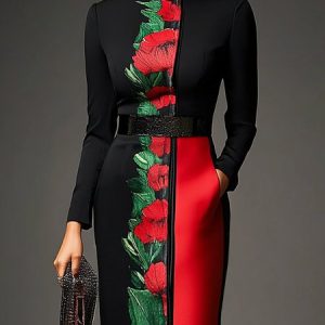 Urban Floral Turtleneck Dress, Mini Dresses, color:As Picture|size:XXL, Stylewe