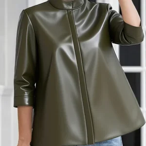 PU Elegant Plain Buttoned Faux Leather Top, Tops, color:Green|size:XXL, Stylewe